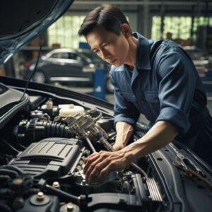 Mechanic installing clutch master cylinder in a sedan.