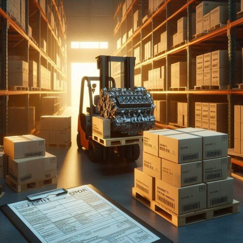 Automotive engine components packed for export in a warehouse.