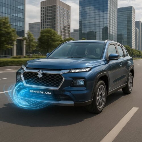 Maruti Suzuki Grand Vitara Hybrid on road with smart cooling system