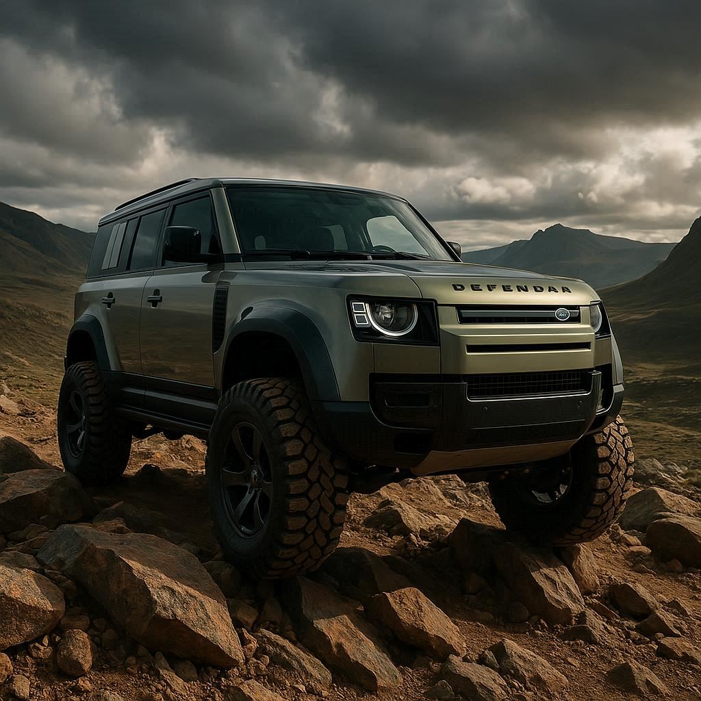 Land Rover Defender SUV driving off-road with strong suspension