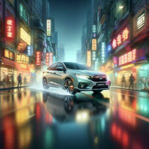 Honda Amaze driving on wet pavement in an international market.