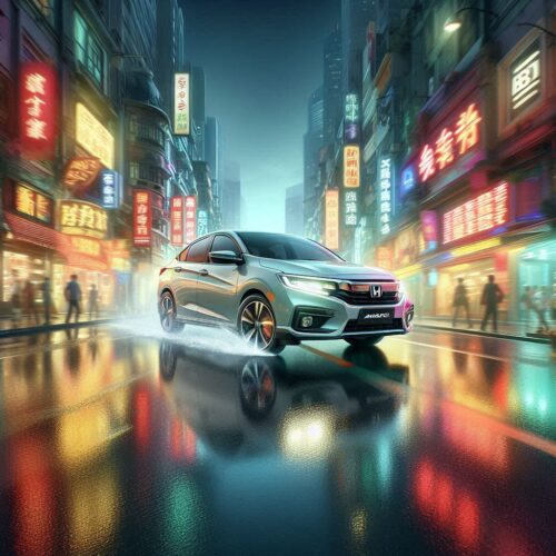 Honda Amaze driving on wet pavement in an international market.