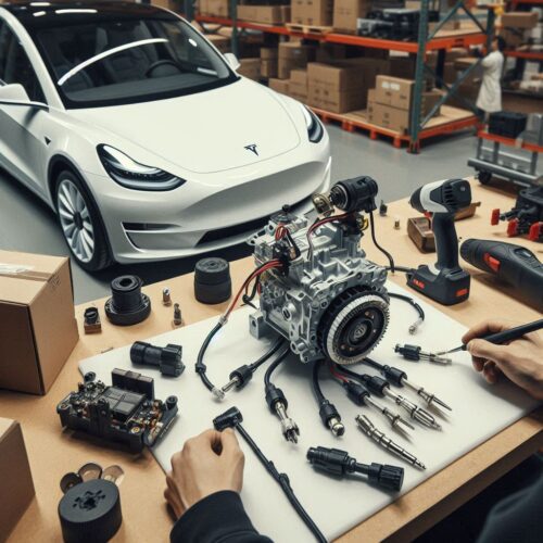 Interior of Tesla Model Y showing electrical steering motors and dashboard