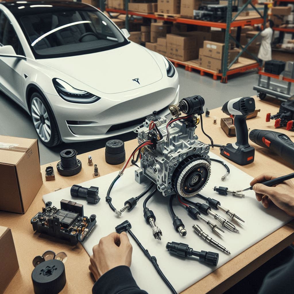 Interior of Tesla Model Y showing electrical steering motors and dashboard
