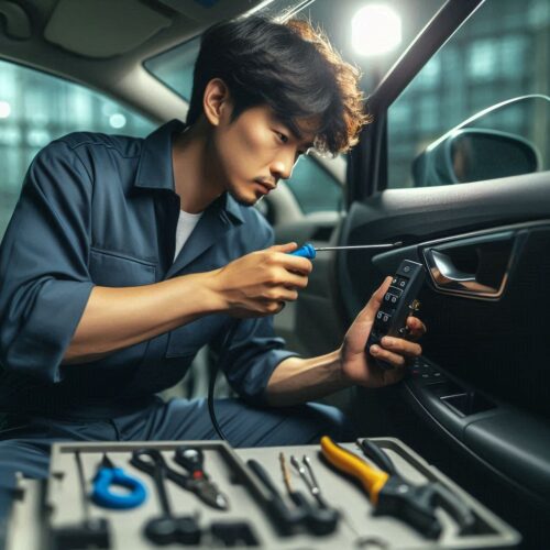 Mechanic fitting a power window switch inside a car door panel.