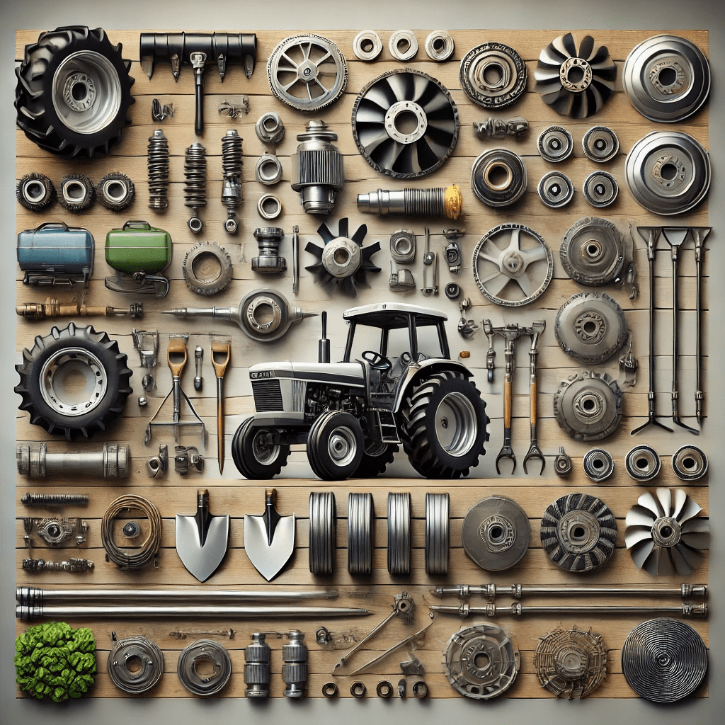 Various agricultural auto parts and tools, including tractor components, gears, blades, and irrigation system parts, neatly arranged on a wooden surface.