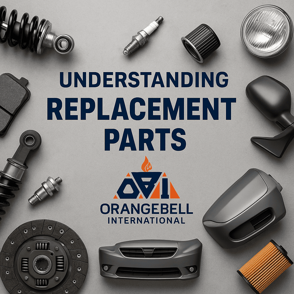 Automotive replacement parts with Orangebell International logo and branding