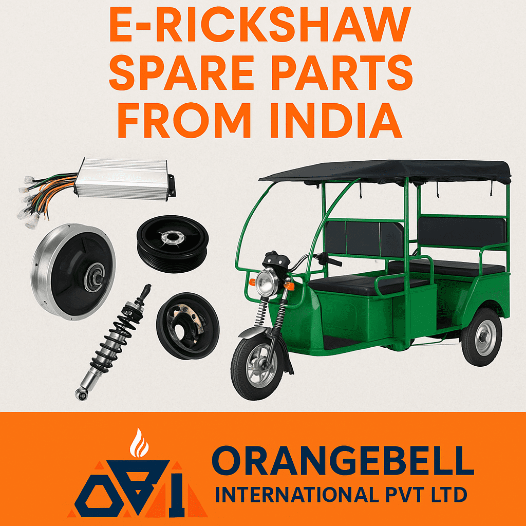 Promotional graphic for affordable E-rickshaw spare parts from India by Orangebell International Pvt Ltd