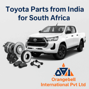 Promotional banner showing Toyota spare parts for South African vehicles with Orangebell International Pvt Ltd branding