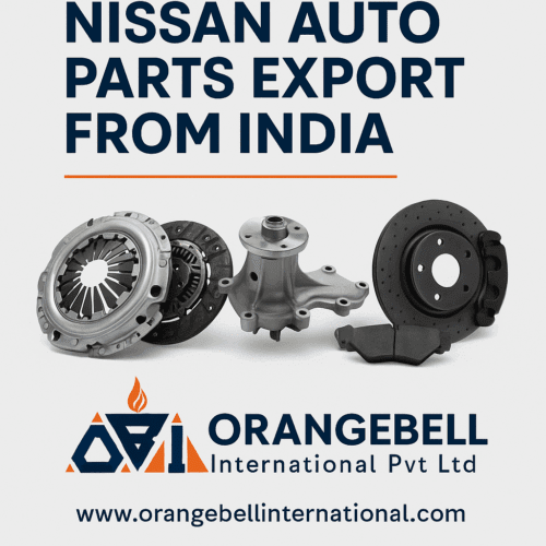 Digital advertisement showcasing Nissan auto parts for export from India with Orangebell International Pvt Ltd branding