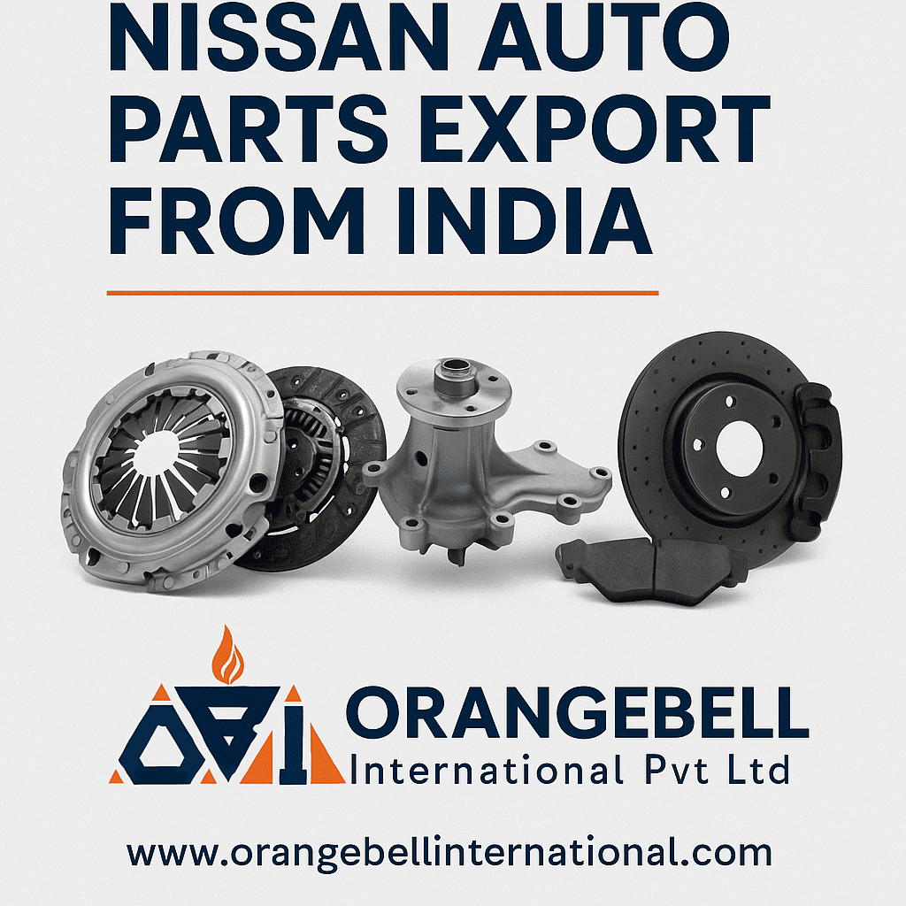 Digital advertisement showcasing Nissan auto parts for export from India with Orangebell International Pvt Ltd branding