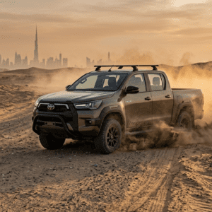 Toyota Hilux pickup driving on desert road in Dubai showing rugged performance
