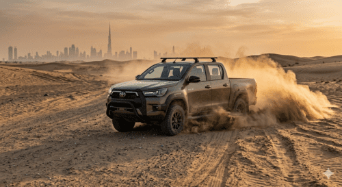 Toyota Hilux pickup driving on desert road in Dubai showing rugged performance