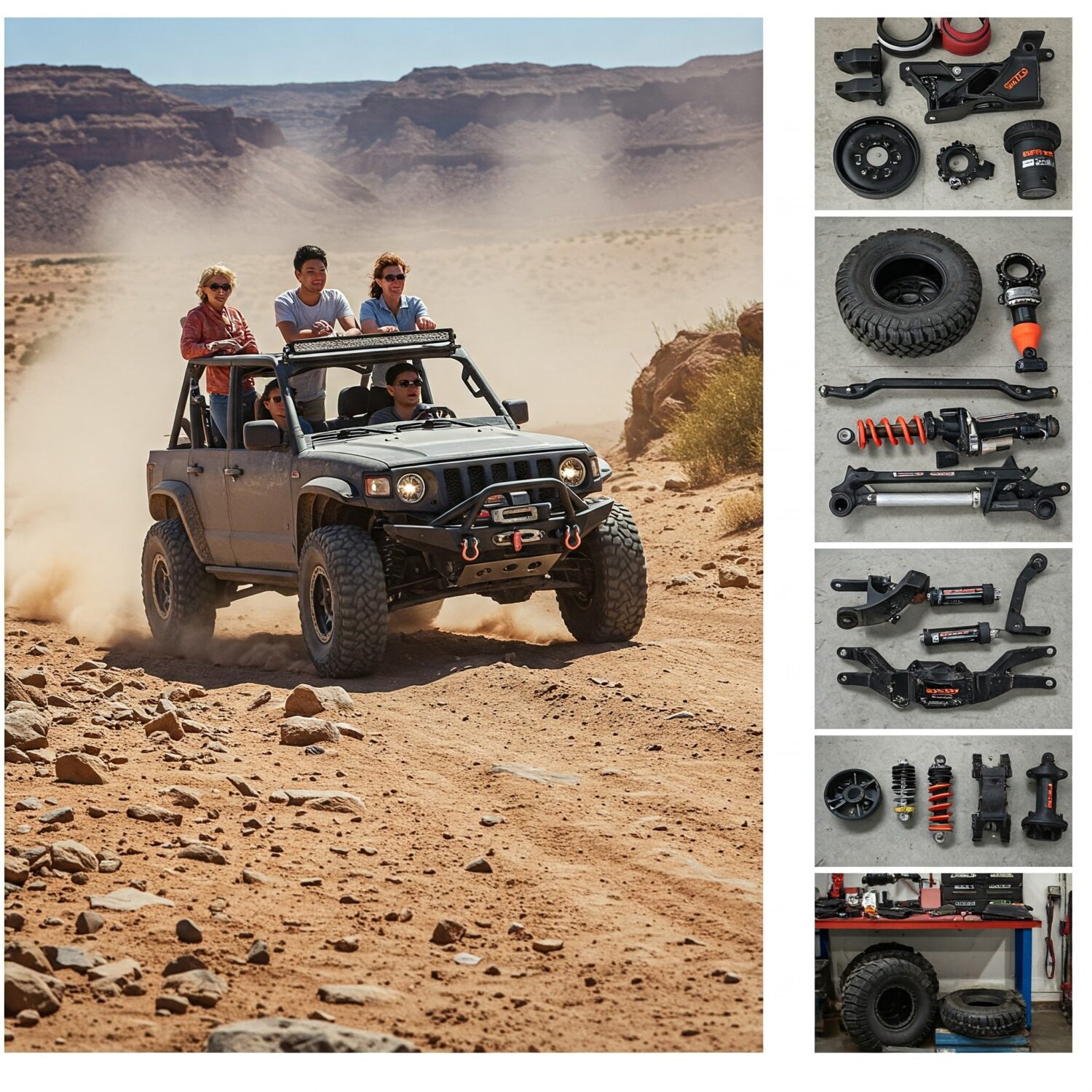 A group of people smiling as they ride an off-road vehicle through a desert landscape. On the right side are a variety of off-road vehicle parts. Off-road vehicle auto parts exported from India