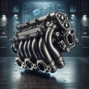 Exhaust manifold assembly for Renault Kwid on industrial background.