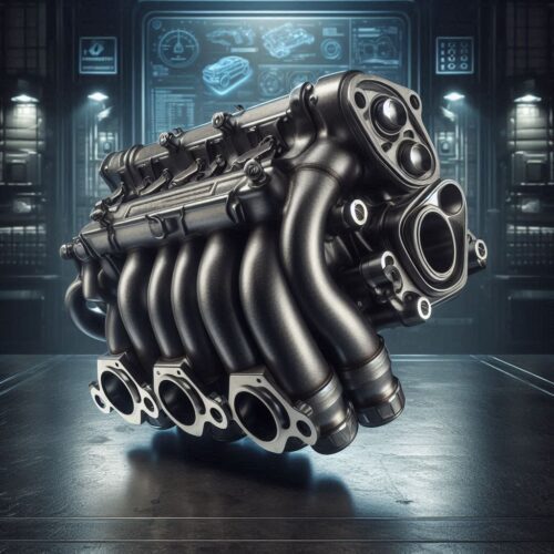 Exhaust manifold assembly for Renault Kwid on industrial background.