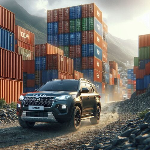 Tata Safari near export containers, representing global SUV supply chains.