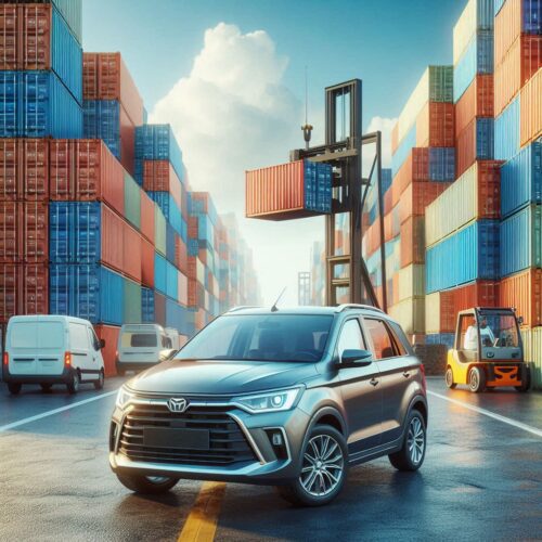 Maruti Suzuki Ertiga near shipping containers representing global MPV exports.