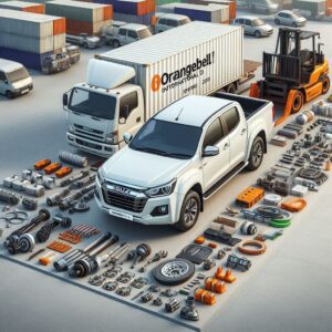 Indian auto parts for Isuzu pickups arranged around a white Isuzu D-Max truck with export background