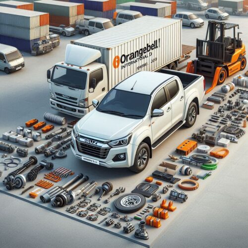 Indian auto parts for Isuzu pickups arranged around a white Isuzu D-Max truck with export background